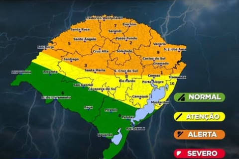 Defesa Civil alerta para chuva intensa, granizo, ventos acima de 90 km/h e risco de cheias no RS